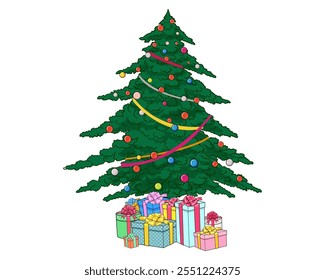merry christmas tree and snowman reindeer elf with Christmas girl in red dress in pop art comic style