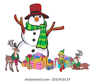 merry christmas tree and snowman reindeer elf with Christmas girl in red dress in pop art comic style