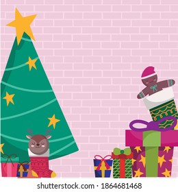 merry christmas tree socks with deer gingerbread man and gifts vector illustration