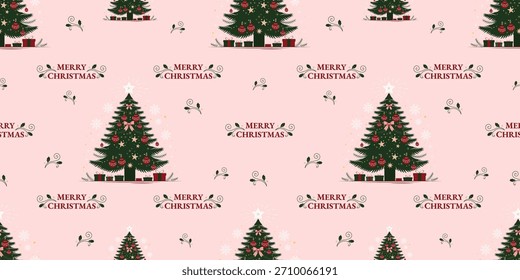 Merry Christmas, and Christmas tree and some presents under it, ribbon coquette, with a cute pink background in a Seamless Pattern.