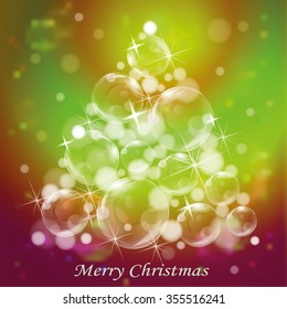 Merry Christmas. Christmas tree with sparkling balls on colorful rainbow background