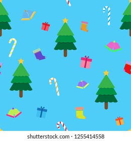 Merry christmas with christmas tree, sta, candy, bell, sock and gift seamless pattern. Cute character design. christmas festival vector