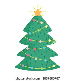 merry christmas, tree with star and lights celebration icon isolation vector illustration