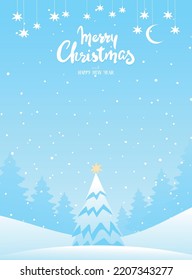 Merry christmas, christmas tree with star in winter forest, new year card with copy space. Holiday template for winter sale, invitation. Cartoon vector illustration.