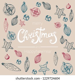 merry Christmas , Christmas tree toys, hand drawing, vector