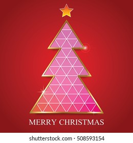 Merry christmas tree triangle on red background card design template. Vector illustration.