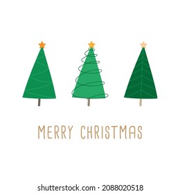 Merry Christmas tree vector de ilustración set. Tres bonitos y sencillos árboles de coníferas, cada uno de ellos diferente, diseño de tarjetas de felicitación. Iconos dibujados a mano, árbol de navidad natural con estrella en la parte superior de una fila sin texto. Aislado. 