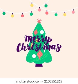 Merry Christmas Tree. Vector Illustration of Trendy Modern Seasonal Postcard.