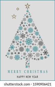 Merry Christmas tree vector with snowflakes, stars and Happy New Year greetings.
Ornament for background, wall paper, invitation, calendar, greeting cards etc.
On grey background.