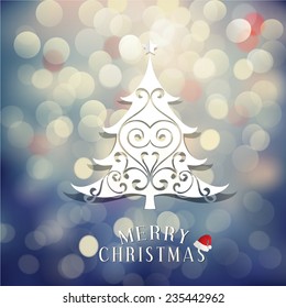 Merry Christmas with Christmas tree and vintage bokeh background, vector illustration