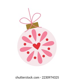 Merry Christmas tree white ball with lace pink ornament. Xmas and New Year tree decorations. Winter holidays fir tree toys. Retro jingles baubles or flyer, greeting card design. Flat vector.