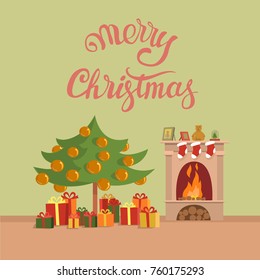 Merry Christmas ! Christmas tree,fireplace,gifts. Vector.