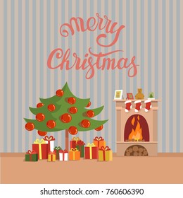Merry Christmas ! Christmas tree,fireplace,gifts. Vector.
