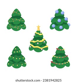 Merry Christmas trees 2D cartoon objects set. Happy new year illuminated firs isolated vector items white background. Christmastree decorated strings of lights color flat spot illustrations collection