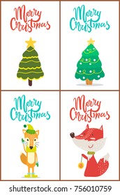 Merry Christmas, trees with decorations such as balls, stars and garlands, and foxes wearing hat and scarves and playing with toy vector illustration