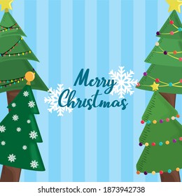 merry christmas trees snowflakes and blue stripes background vector illustration