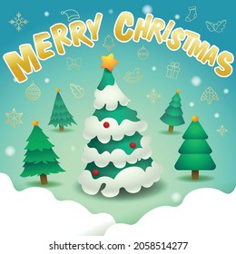 merry christmas and christmas trees vector