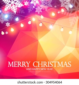 Merry Christmas. Trendy card & shining banner with garland of lights & snow. Triangle holiday design. Vector illustration 