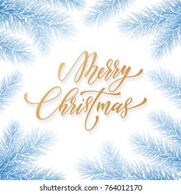 Merry Christmas trendy golden quote calligraphy font on blue frozen ice background for winter holiday design template. Vector Christmas tree for branch wreath decoration and golden New Year lettering