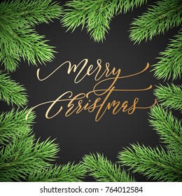 Merry Christmas trendy golden quote calligraphy font on black premium background for winter holiday design template. Vector Christmas tree for branch wreath decoration and golden New Year lettering