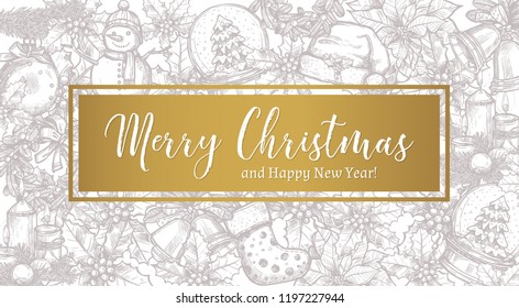 Merry Christmas trendy greeting horizontal vector card, poster or background with label and sketch xmas festive elements