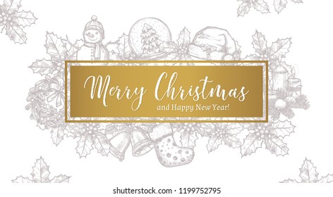 Merry Christmas trendy greeting horizontal vector card, poster or background with label and sketch xmas festive elements