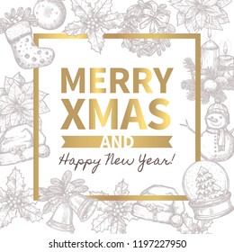 Merry Christmas trendy greeting vector card, poster or background with typography and sketch xmas festive elements