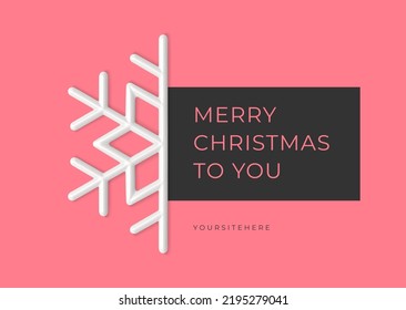 Merry Christmas trendy pink greeting card template black border realistic 3d icon vector illustration. Happy New Year elegant snowflake half web banner decorative design with place for text