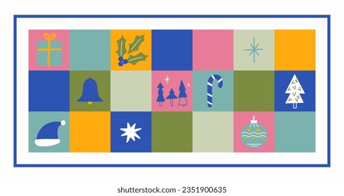 Merry Christmas trendy poster, card, banner template. Hand drawn vector illustration elements. Colorful holiday greeting poster design with lettering inscription