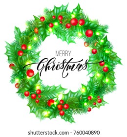 Merry Christmas trendy quote calligraphy on white premium background for winter holiday design template. Vector Christmas tree holly wreath decoration and golden New Year lights garland