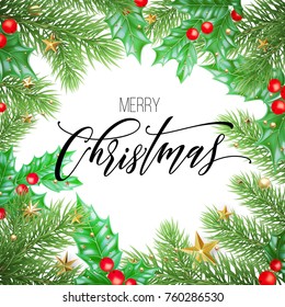 Merry Christmas trendy quote calligraphy on white premium background for winter holiday design template. Vector Christmas tree holly wreath decoration and golden New Year stars garland
