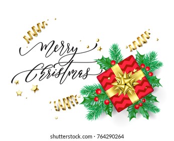 Merry Christmas trendy quote calligraphy on white premium background for winter holiday design template. Vector Christmas tree holly wreath decoration, red gift and golden ribbon confetti