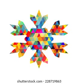 Merry Christmas trendy snowflake made with colorful triangles composition. Snowflake symbol. Vector illustration. 