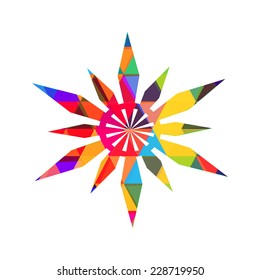 Merry Christmas trendy snowflake made with colorful triangles composition. Snowflake symbol. Vector illustration. 