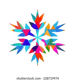 Merry Christmas trendy snowflake made with colorful triangles composition. Snowflake symbol. Vector illustration. 