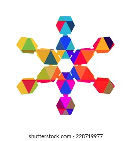 Merry Christmas trendy snowflake made with colorful triangles composition. Snowflake symbol. Vector illustration. 