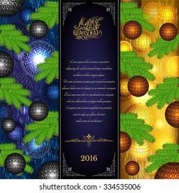 merry christmas tri fold with christmas balls and fir tree elements on blue and yellow background