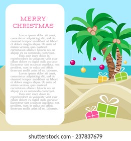 Merry Christmas at the tropical beach. Template for card or poster for Christmas greetings. Copy space. Vector file is EPS8.