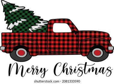 Merry Christmas truck. Happy New Year Postcard or Poster or Flyer template with retro pickup truck with christmas tree. Red Green buffalo plaid Vintage styled vector illustration.