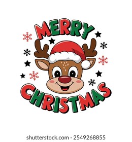 Merry Christmas T-shirt design, deer with red santa hat vector