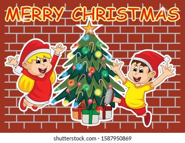 Merry Christmas - two children with santa claus outifit and pine tree cartoon vector illustration