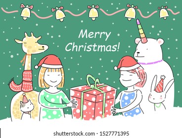 Merry christmas two girls and animal friends with a gift, kawaii cartoon vector