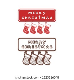 Merry Christmas. Two handwritten icon. Vintage knitted Christmas stockings on a white background. Vector illustration of winter symbols.
