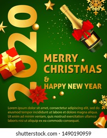 Merry Christmas, Two Thousand Twenty lettering, sample text. New Year Day poster. Typed text, calligraphy. For leaflets, brochures, invitations, posters or banners.