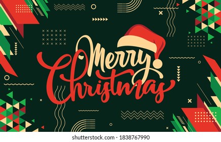 Merry Christmas type banner with abstract retro style modern design background. Christmas calligraphy with Santa hat and red green triangles geometric shapes. Vector illustration