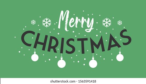 Merry Christmas type banner with Xmas balls and snowflakes. Lettering for holidays greeting card.