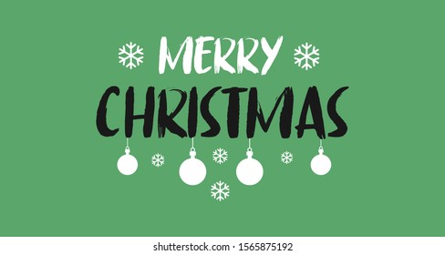 Merry Christmas type banner with Xmas balls and snowflakes. Lettering for holidays greeting card.