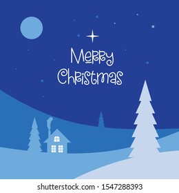 Merry Christmas and typhography vector design for greeting cards and poster. Merry Christmas hand lettering. Christmas with winter landscape with snowflakes,light and house. Vector illustration.