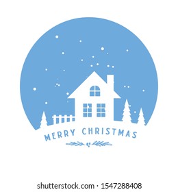 Merry Christmas and typhography vector design for greeting cards and poster. Merry Christmas hand lettering. Christmas with winter landscape with snowflakes,light and house. Vector illustration.