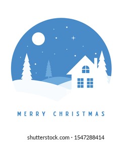 Merry Christmas and typhography vector design for greeting cards and poster. Merry Christmas hand lettering. Christmas with winter landscape with snowflakes,light and house. Vector illustration.
